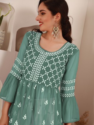 Youthnic Women Chikan Embroidery Flared Kurta(Green)