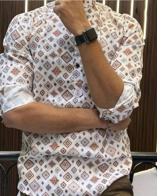 BOUGHT FIRST Men Geometric Print A-line Kurta(White)