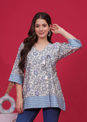 HINGLAJRAJ Women Block Print A-line Kurta(Blue)