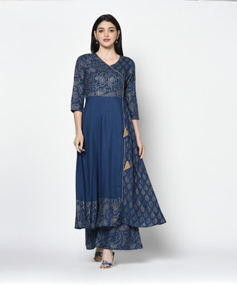 Aniyah Women Block Print Anarkali Kurta(Blue)