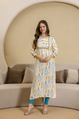 Kapadia Women Embroidered, Printed Straight Kurta(Beige)