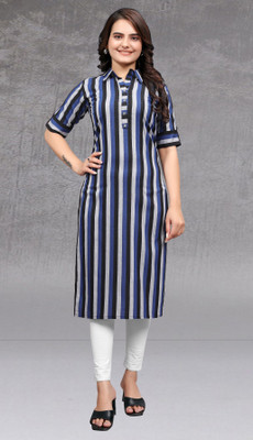 FABTOWN Women Striped Straight Kurta(Blue)