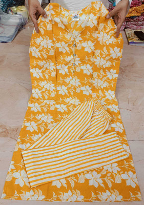 SS Fashion Women Floral Print Straight Kurta(Yellow)