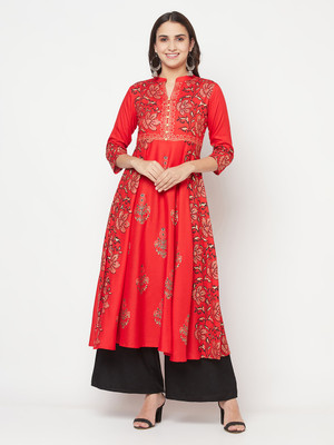Aniyah Women Block Print Anarkali Kurta(Red)
