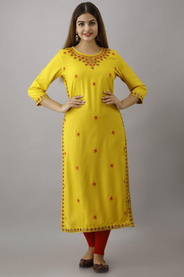 FASHION DEPTH Women Embroidered Straight Kurta(Yellow)