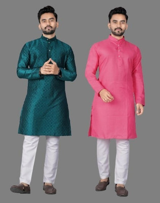 DHASU TRENDZ Men Self Design, Solid Straight Kurta(Pink, Dark Green)
