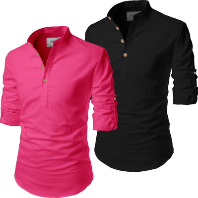 Vida Loca Men Solid Pathani Kurta(Black, Pink)