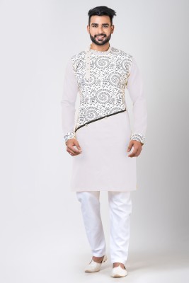 Increaft Men Printed Straight Kurta(White)