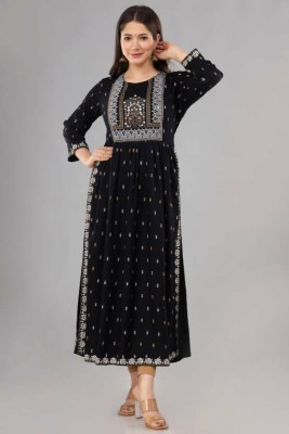 Key Women Printed A-line Kurta(Black, Gold, White)