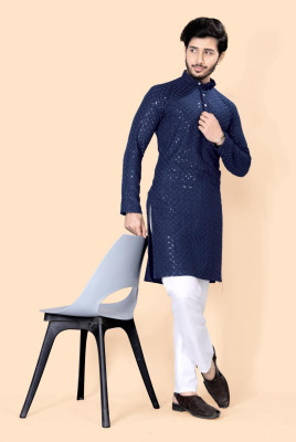 FREYA CREATION Men Embroidered Straight Kurta(Dark Blue)