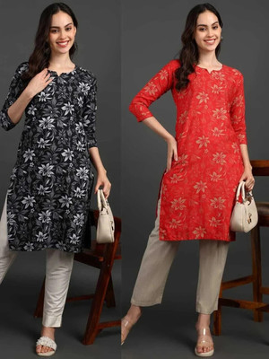 ezlan creation Women Printed A-line Kurta(Red, Black)