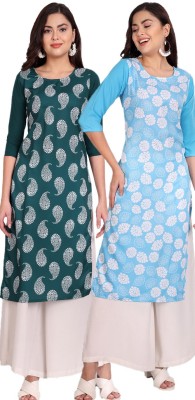 Demonking Enterprise Women Printed A-line Kurta(Dark Green, Light Blue, White)