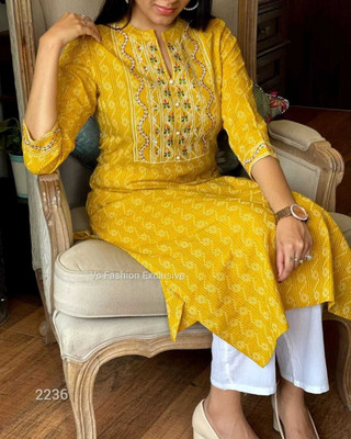 fabrictextile Women Printed Straight Kurta(Yellow)