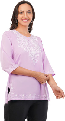 NewRKCollection Women Embroidered Straight Kurta(Purple, White)