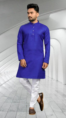 M Biswas Men Solid A-line Kurta(Blue)