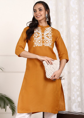 DESIRABASIX Women Embroidered A-line Kurta(Yellow)