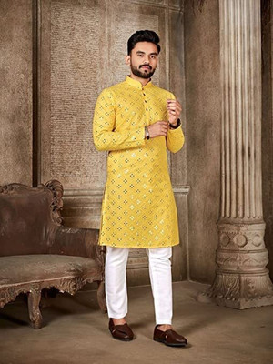 JENZEE Men Embellished Straight Kurta(Yellow)