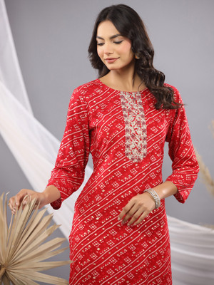 Indo Era Women Printed Straight Kurta(Red)