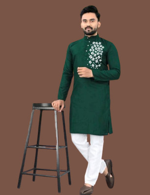 Mamata biswas Men Printed Straight Kurta(Green)