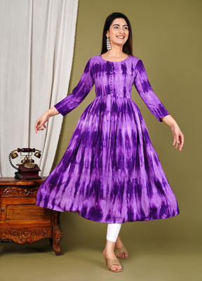 TANTANATAN Women Printed Flared Kurta(Purple)