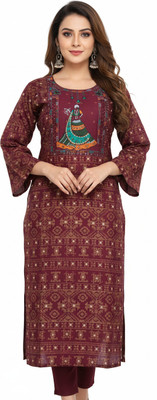 SARANS Women Printed, Geometric Print Straight Kurta(Maroon)