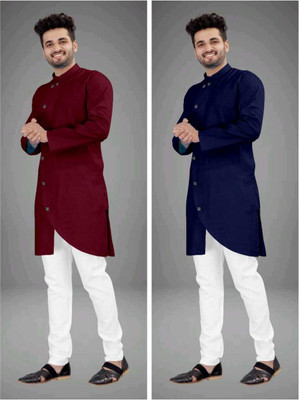CRYSTALREVENUE Men Solid Trail Cut Kurta(Multicolor)