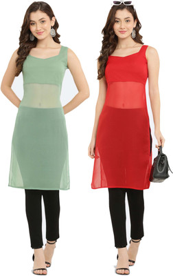 VESICLE Women Solid A-line Kurta(Light Green, Red)