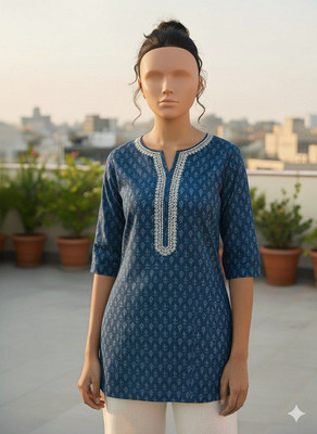 AKNC Women Printed Straight Kurta(Blue)