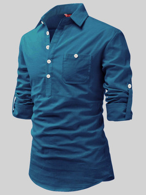 FireFish Men Solid A-line Kurta(Blue)