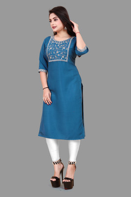 KNG TEXTILE Women Embroidered, Solid A-line Kurta(Blue)
