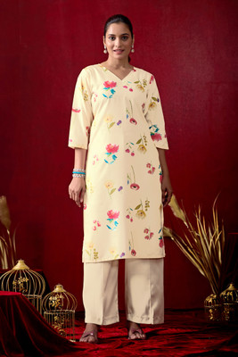 KALEE Women Floral Print Straight Kurta(Yellow)