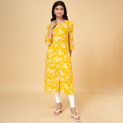 YU by Pantaloons Women Floral Print A-line Kurta(Yellow)