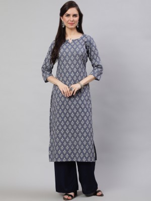 Nayo Women Printed Straight Kurta(Grey, Dark Blue)