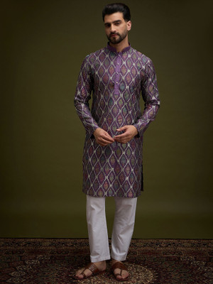 ANOUK Men Geometric Print Straight Kurta(Purple)