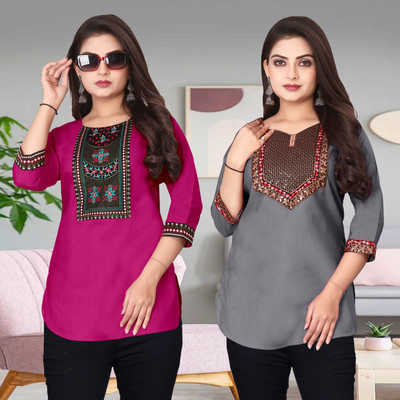 FSR Women Solid A-line Kurta(Grey, Pink)