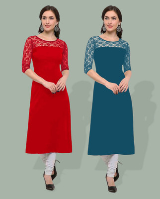 Maheshvi Women Solid, Self Design Straight Kurta(Red, Blue)