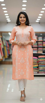 LUCKNOWI CHIKAN CRAFT Women Floral Print, Chikan Embroidery, Embroidered Straight Kurta(Pink, White)