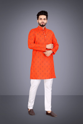 Nofilter Men Printed Straight Kurta(Orange)
