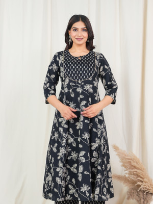 Aramya Women Floral Print Anarkali Kurta(Black)