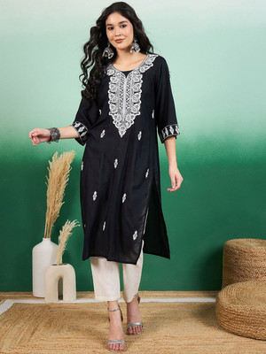 Sangria Women Embroidered Straight Kurta(Black)