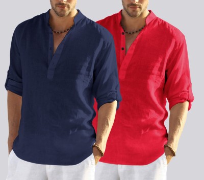 bellstone Men Solid Straight Kurta(Dark Blue, Red)