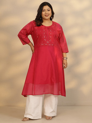 EXTRA LOVE BY LIBAS Women Embellished, Embroidered A-line Kurta(Pink)