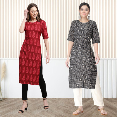EthnicBasket Women Printed Straight Kurta(Grey, White, Red)