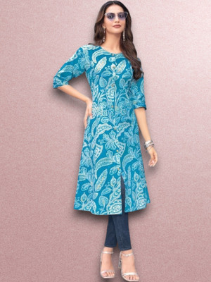 ABHI FAB Women Printed Straight Kurta(Blue)
