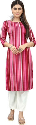HouseOfCommon Women Striped Straight Kurta(Pink)