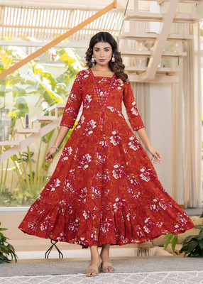 Raindrop Women Floral Print Anarkali Kurta(Red)