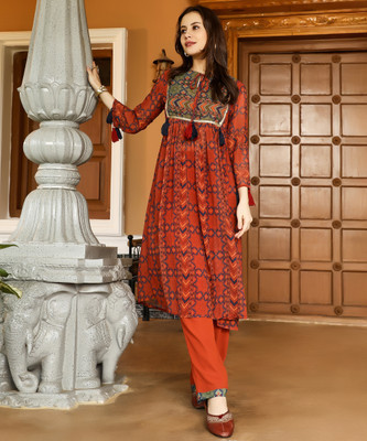 QISSA Women Printed Ethnic Dress Kurta(Orange)