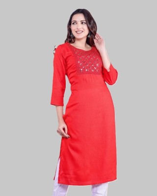 JUGNU TEXTILES Women Embroidered Straight Kurta(Red)