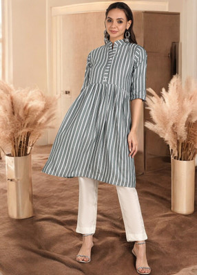 Ladylaz Women Striped Straight Kurta(Grey)
