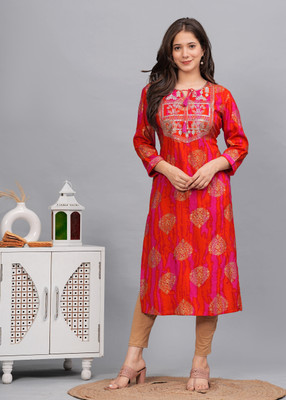 Deepyog Women Printed Straight Kurta(Orange, Pink)